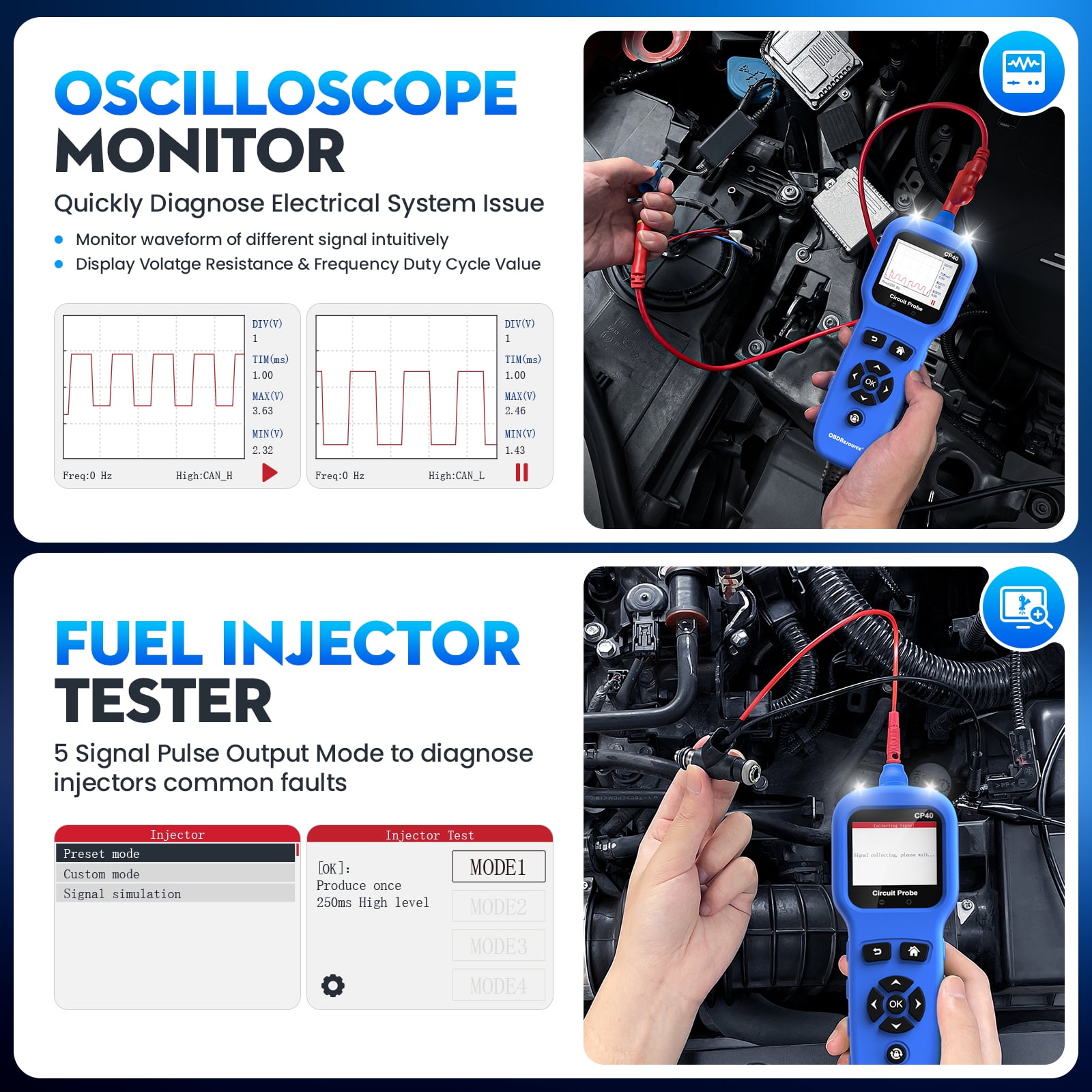 Automotive Circuit Probe Tester Kit; 12 24V DC Car Circuit Tester Digital Multimeter Oscilloscope Fuel Injector Battery Tester;Auto Short Circuit Finder Resistance Relay Diode Fuse Tester