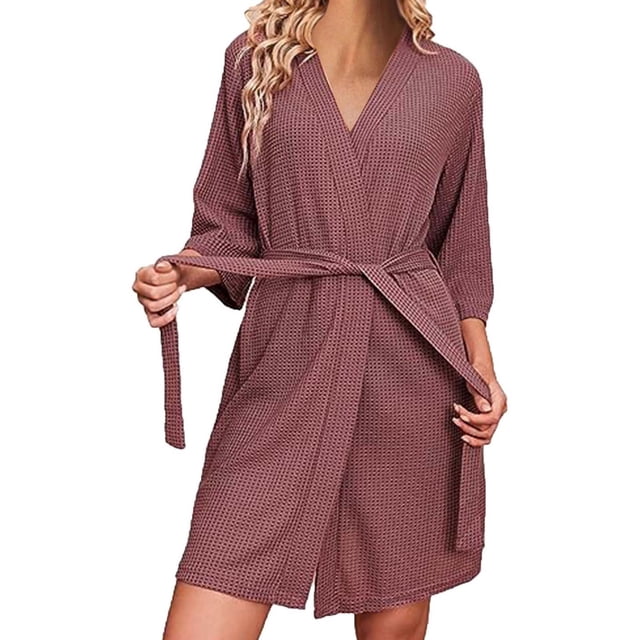 Penkiiy Robe Portefeuille Gaufrée Mode Femmes Uni Manches Longues Col en V Ceintures Poches Robe Bandage Chemises de Nuit 2TG Rose
