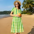 thumbnail image 4 of Gukieu yellow and green houndstooth Print Women's Short Sleeve Dress, Elastic Waistband A-line with Pockets Summer Dress, Suitable for Daily Leisure, Work, Vacation, 4 of 6