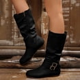 thumbnail image 3 of HEWUQI Short Cowboy Boots for Women Slouchy Mid Calf Round Toe Side Zipper Flats Adjustable Buckle Decor Comfortable Winter Fall Shoes Black Size 5.5, 3 of 7