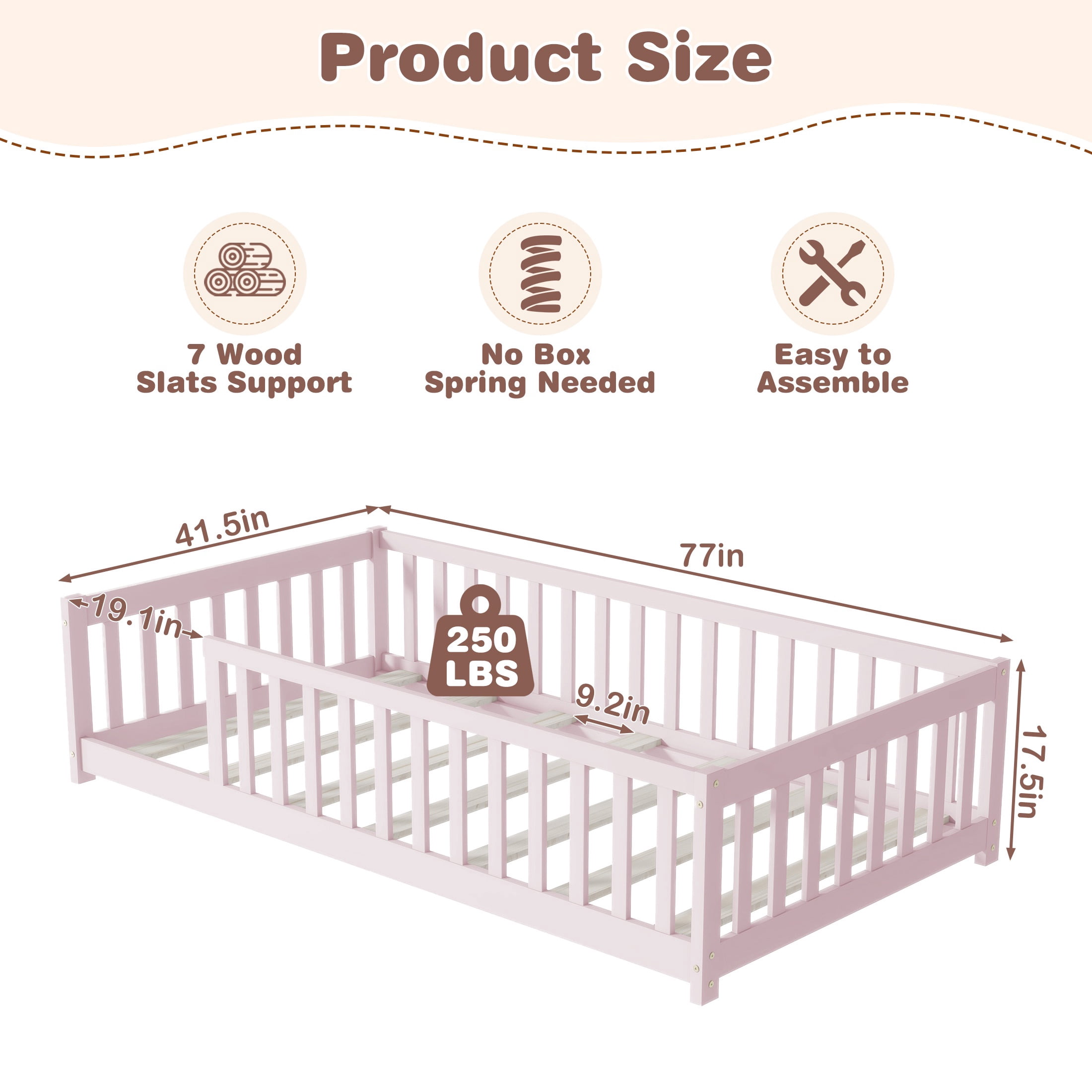 PORKISS Twin Toddler Bed with Guardrails, Low Profile Floor Bed Frame with Open Entry, Wood Montessori Bed with 7 Slats for Kids, No Box Spring Needed, Pink