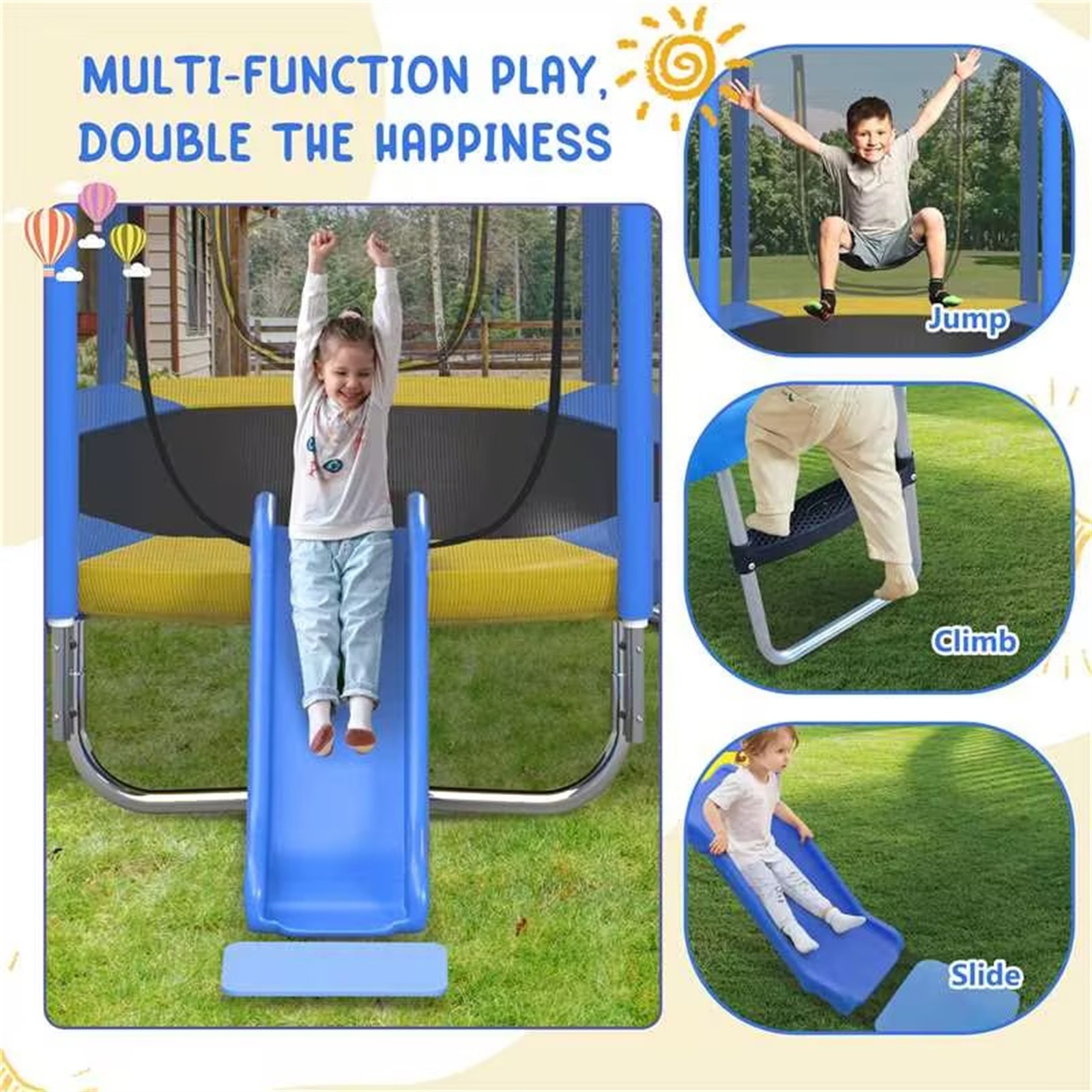 Alvantor 7ft Trampoline with Slide, Hexagon Recreational Trampoline for Kids with Enclosure net and Ladder Blue