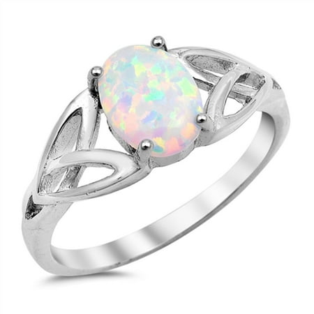 - CHOOSE YOUR COLOR Solitaire White Simulated Opal Celtic Knot Ring .925 Sterling Silver Band