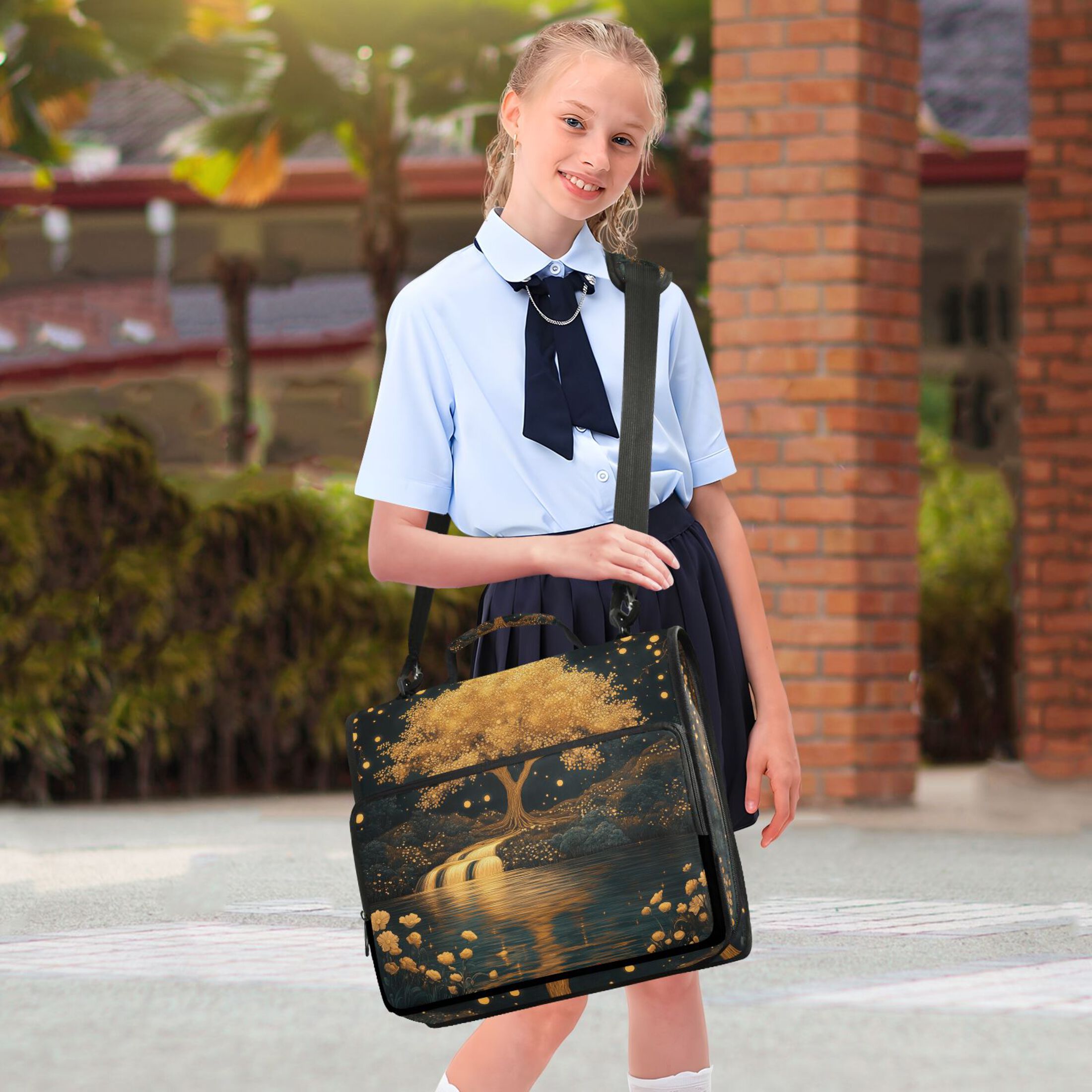 3 Ring Zipper Binder with Shoulder Strap Waterproof Trapper Keeper 2 Inch D-Ring 500 Sheets Capacity Golden Tree on River Bank