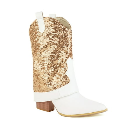 

Tuscom Autumn And Winter Women s Boots Sequined Pointed Toe Chunky High-heeled Sequined Mid Calf Boots