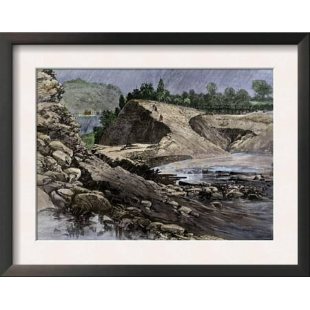 South Fork Dam - Empty Reservoir Behind the Broken South Fork Dam That Cause... Framed Art Print Wall Art