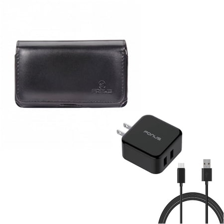 Black Leather Side Case w 30W 2-Port Adaptive Fast Home Quick Charger 6ft Type-C USB Cable L8Z for Acer Liquid Jade Primo - ASUS ROG Phone ZenFone 4 Pro - Blackberry Motion - BLU Vivo XI Plus