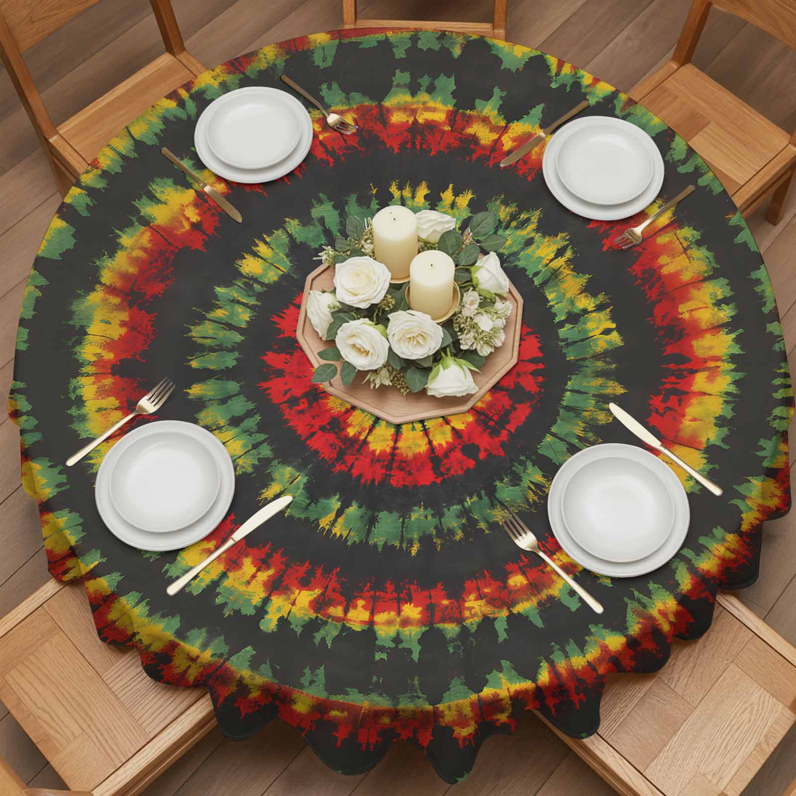 Round Tablecloth Abstract Ethnic Tie Dye Waterproof Oil Proof Polyester Table Cloth Cover Decor for Home Dining Outdoor,Patio,Parties, 60" Dia. Red Green Yellow Black