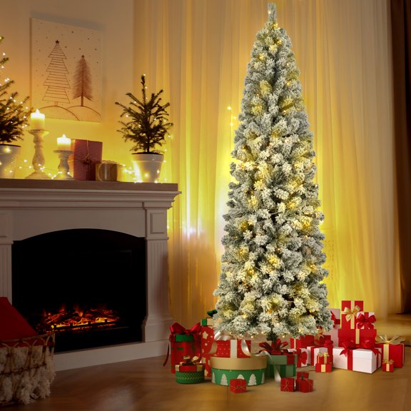 6ft Pre-Lit Flocked Pencil Christmas Tree, Artificial Slim Corner Xmas Tree with Warm White Lights for Holiday Decor