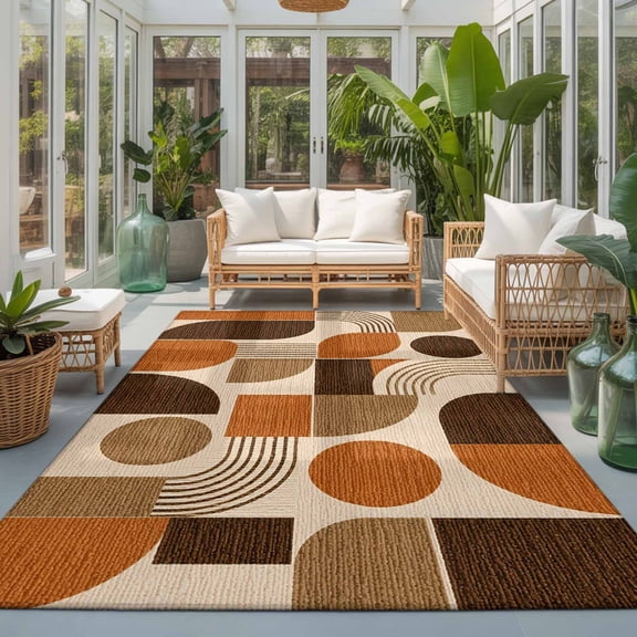Orange Grid Blocks Washable Living Room Rugs 8'x10', Boho Modern Abstract Art Geometric Arch Lines Washable Throw Large Area Rug Non-Slip Sturdy Edge Binding Carpet for Bedroom Dining Room Office