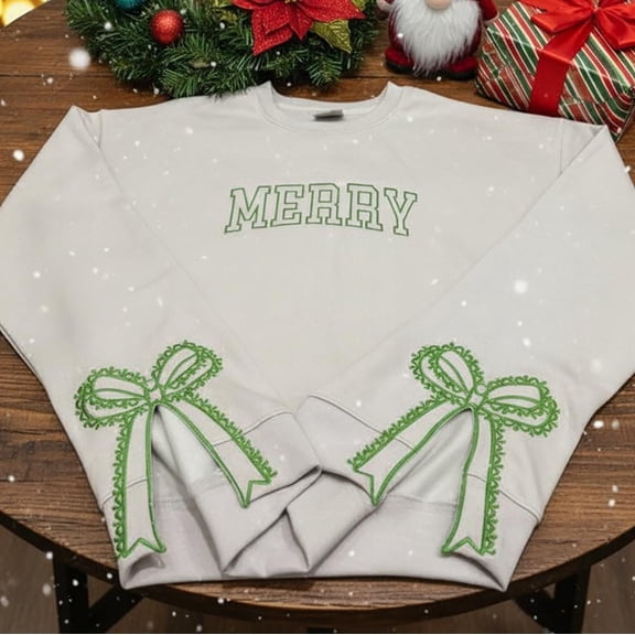 Merry Christmas Side Bow Embroidered Sweatshirt, split hem christmas sweatshirt, Christmas Side Bow, Christmas Sweatshirt, Holiday Apparel
