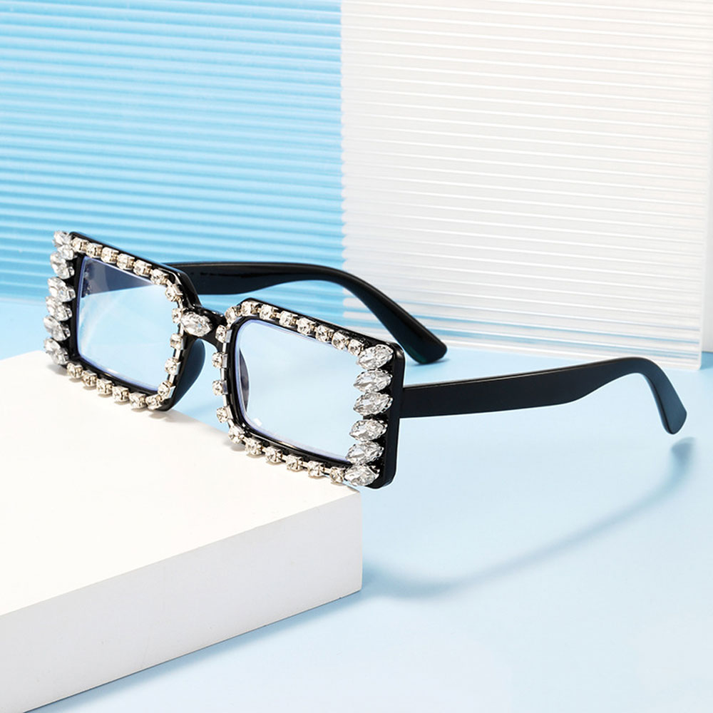 3 Pairs of Women Silver Rhinestone Black Reading Glasses 3.00 Ladies Square Anti-Blue Light Readers +3.00 strength