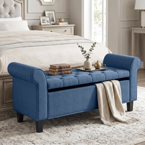 HOMCOM 47" Storage Ottoman Bench, Upholstered Tufted End of Bed Storage Bench with Rolled Arms, Safety Hinge, Wood Legs for Bedroom, Blue