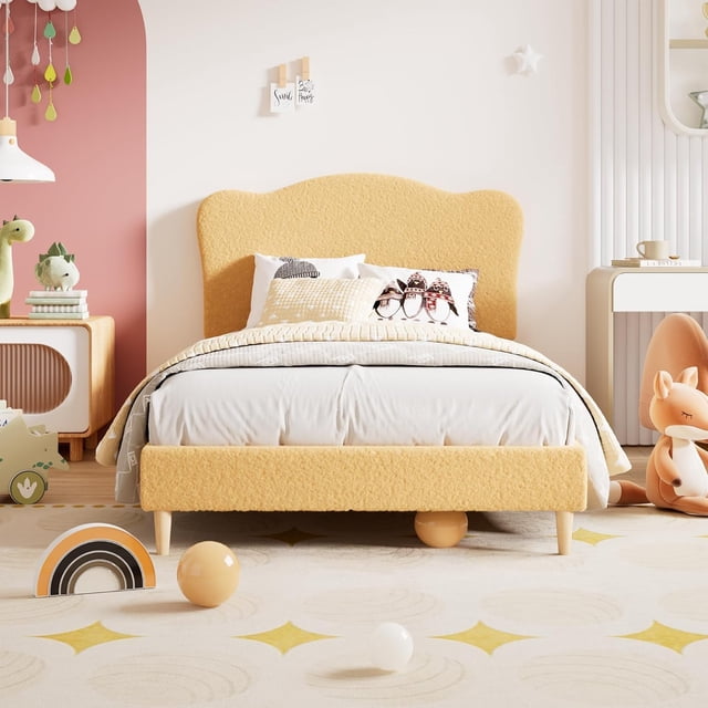 Forrado yellow tamaño individual marco de cama para para niños con cute bouclé velvet cabecero, no box spring required, easy to assemble y durable