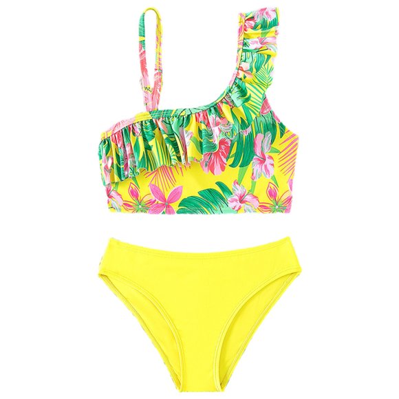 Toddler Girls Two Pieces Ruffle One Shoulder Plant Printing Bathing Suit Infant Baby Girl Bikini Swimsuit for Indoor Outdoor Swimming Bathing