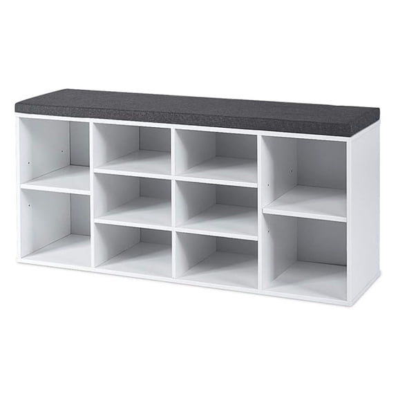 Wooden Shoe with Cushion, 10-Cube Shoe Rack Cabinet w/Adjustable Shelves, Shoe Storage Organizer for Living Room, Bedroom, Entryway (White)