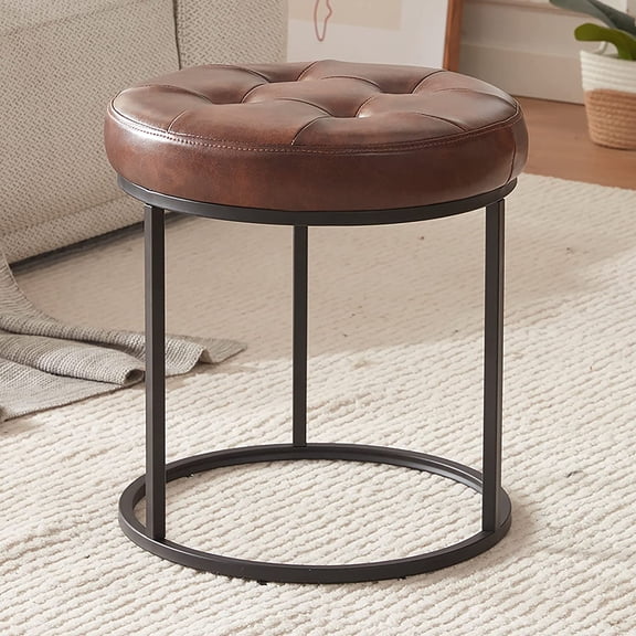 DUHOME Faux Leather Ottoman Stool, Vanity Chair Button Tufted Footrest Stool Makeup Stool with Metal Base for Living Room Bedroom, Dark Brown