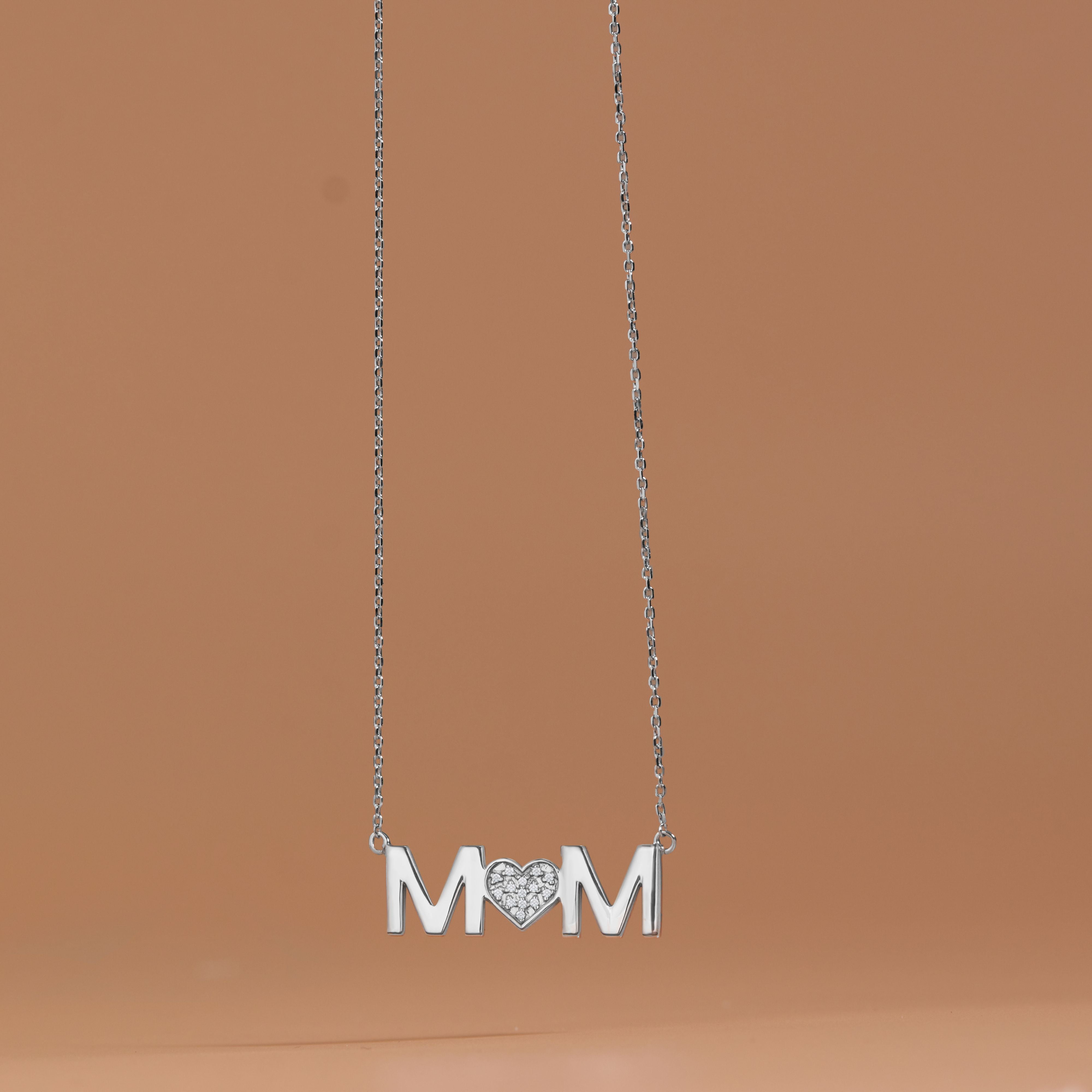 JeenMata MOM Pendant Necklace - Diamond - April Birthstone in 18K White Gold over Silver
