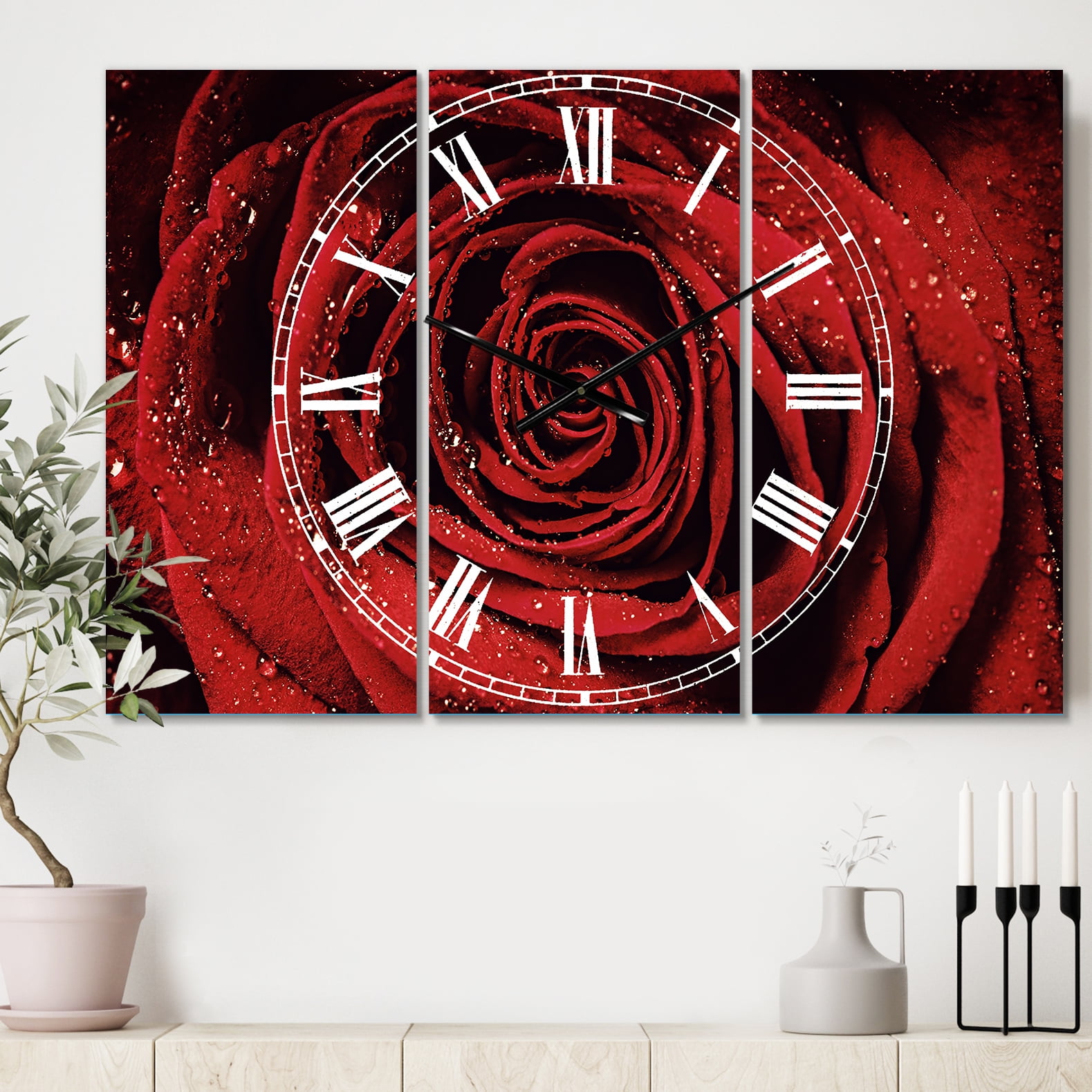 Designart 'Red Rose Petals with Rain Droplets' Traditional Wall Clock