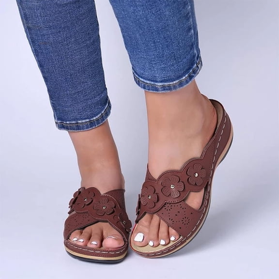 YOUYEDIAN Orthopedic Sandals for Women Slip on Non Slip Arch Support Flat Wedge Sandals Wide Beach Slippers 2026 Comfort Orthopedic Shoes (Brown)