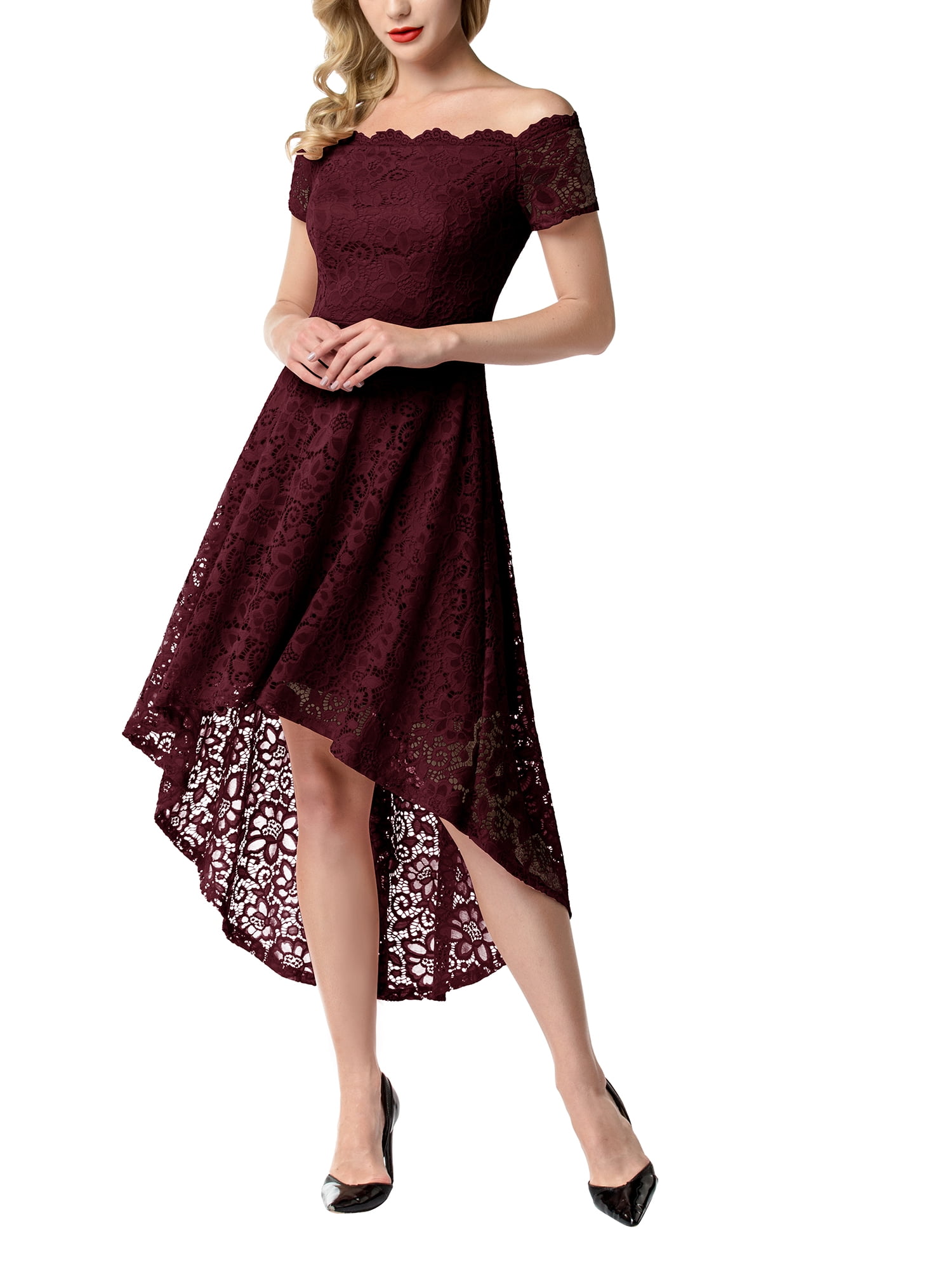 Women Vintage Floral Lace V Neck Party Dress Short Sleeves Hi-Lo Cocktail Dress
