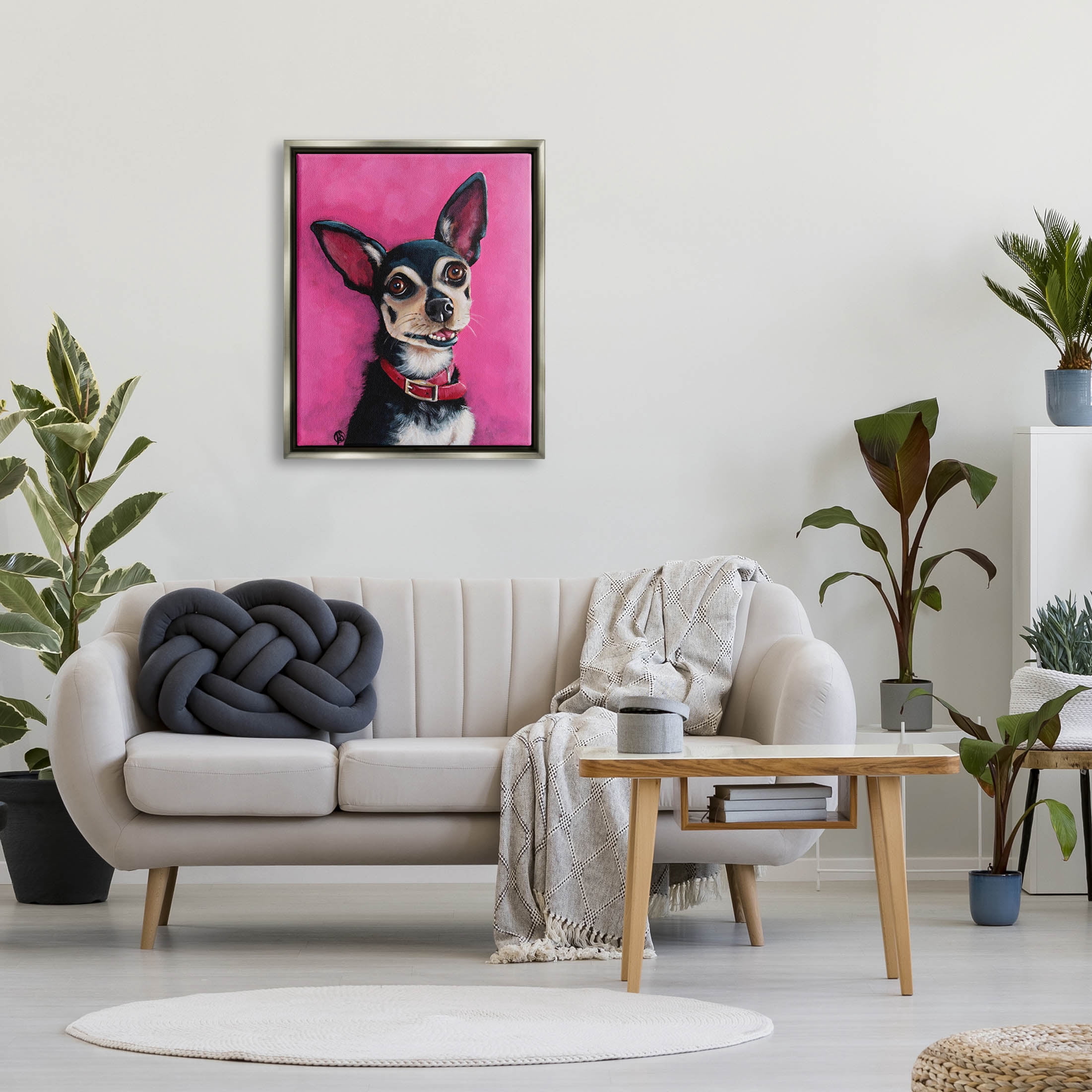 Stupell Industries Bold Pink Chihuahua Portrait Painting Luster Gray Floating Framed Canvas Print Wall Art, Design by Lucia Stewart