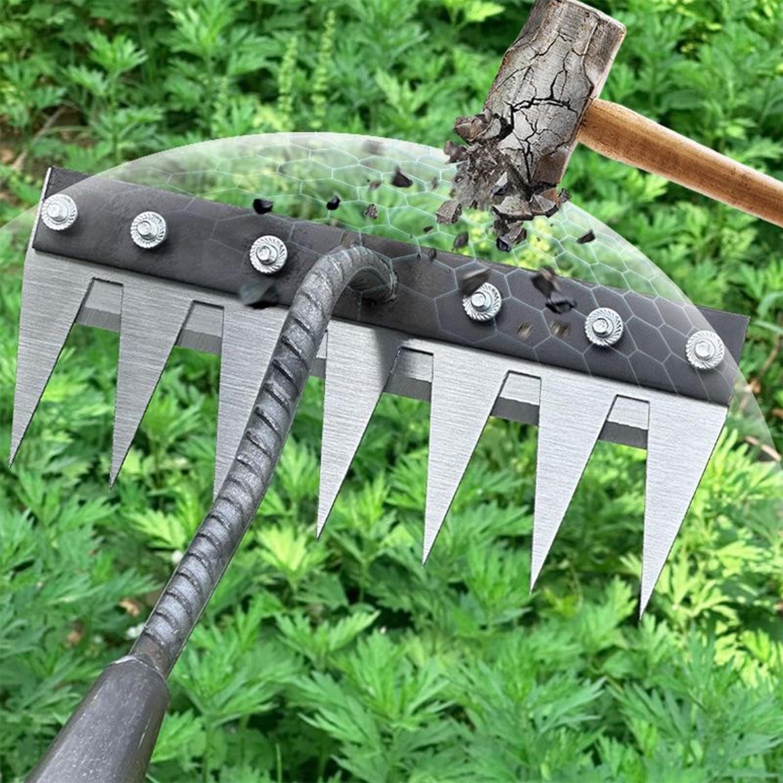 Weeder Rake, Removable Manganese Steel Weeding Tilling Loosening Grass Raking Tool with 7 Teeth, for Garden Yard Lawn Farm - Silver