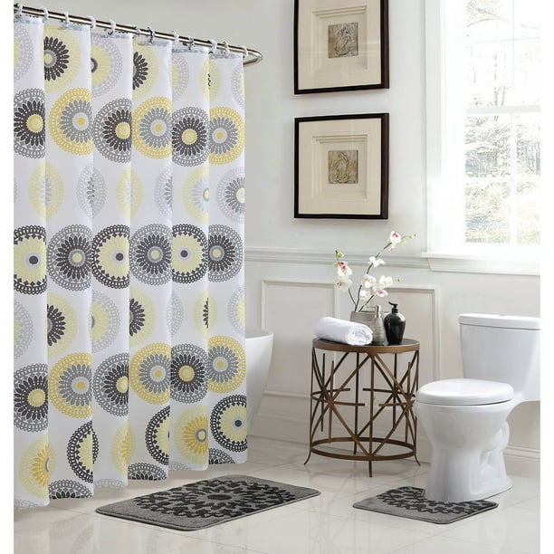 Bathroom 72x72 Shower Curtain Set, Yellow And Gray Bathroom Accessory Set