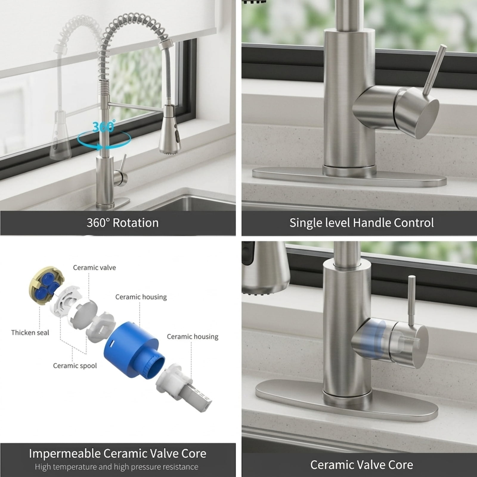 Fenbeli Pull-Down Kitchen Faucet, 23.6-Inch Sprayer, 360-Degree Swivel Single-Handle Sink Faucet with Dual Spray Modes, Silver
