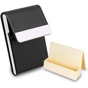 2 Pack Plastic Stand Desk Business Card Holder Vertical Display Organizer and Metal Magnetic Pocket Leather Business