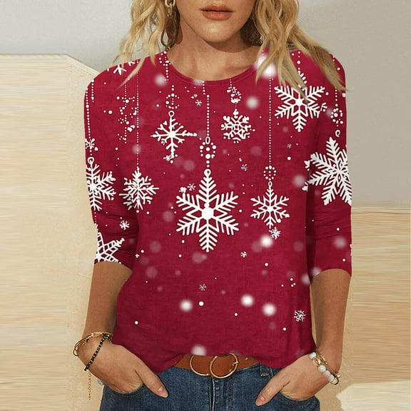 VKOYWKM Womens Merry Christmas T Shirts 3/4 Length Sleeve Womens Tops Christmas Snowflake Graphic T Shirts Casual Crew Neck Funny Family Party Tunic Top