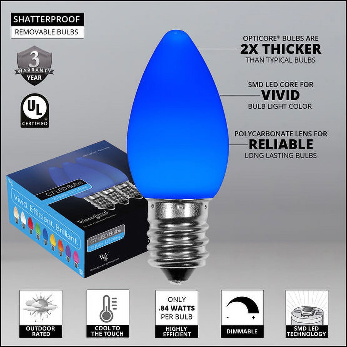 OptiCore C7 Opaque Ceramic Style Blue LED Christmas Lights Replacement Bulbs, Pack of 25, Shatterproof 0.84W, E12 Base