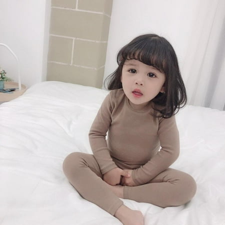 

Thermal Underwear for Girls Cotton Knit Thermals Kids Base Layer Long Pajamas Set Solid Color Home Two-piece Pajamas