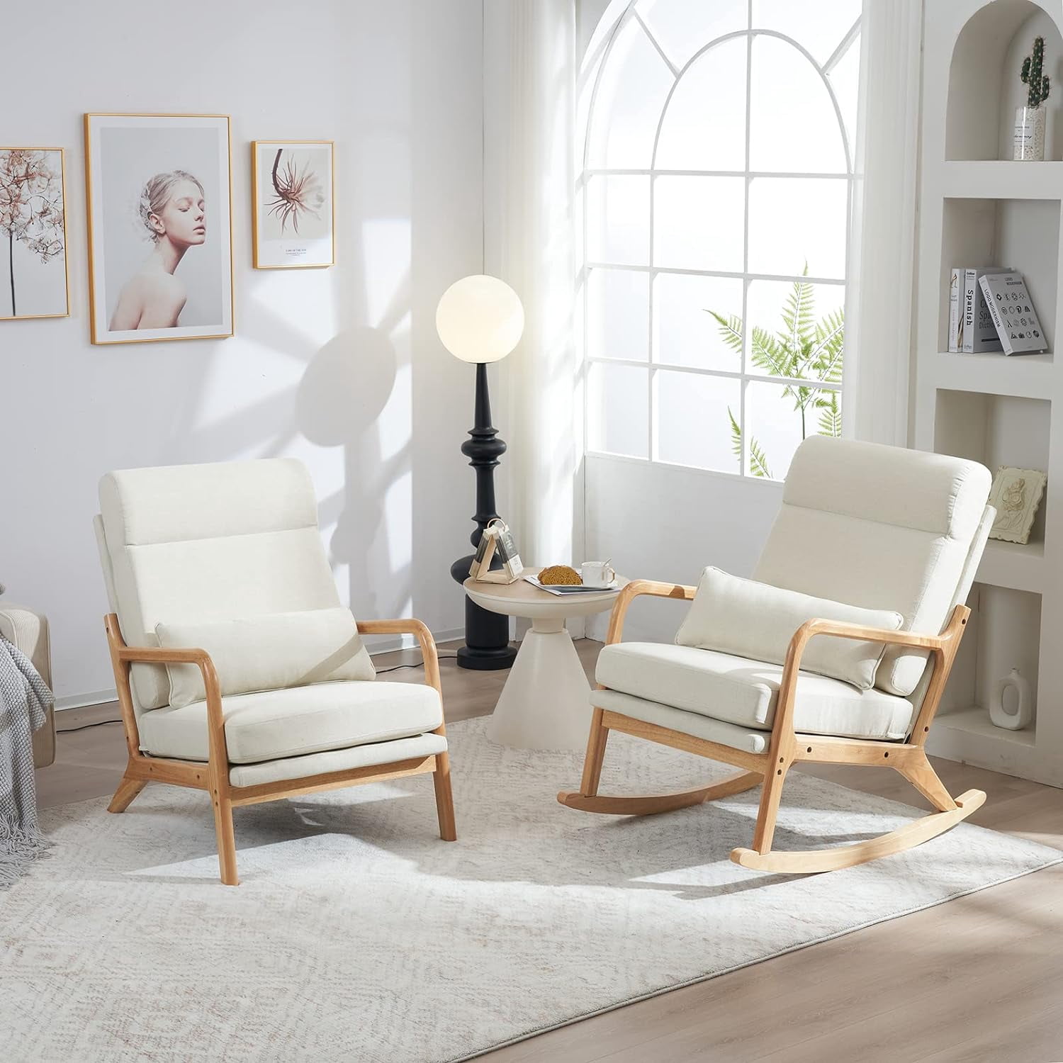 Nursery Rocking Chair Removable Glider Rocker High Backrest Rocking Armchair Mid-Century Accent Chair with Lumber Pillow for Bedroom, Living Room, Nursery, Beige