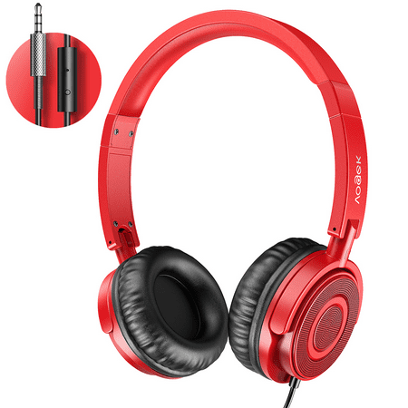 On-Ear Headphones with Microphone, Foldable Headset Stereo Bass Wired Headphones for Smartphone Tablet Laptop, Red