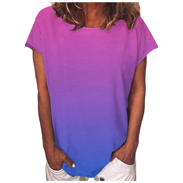 Womens Gradient Tops Summer Short Sleeve Round Neck Shirts Loose Fitted Casual Lightweight Soft Tees