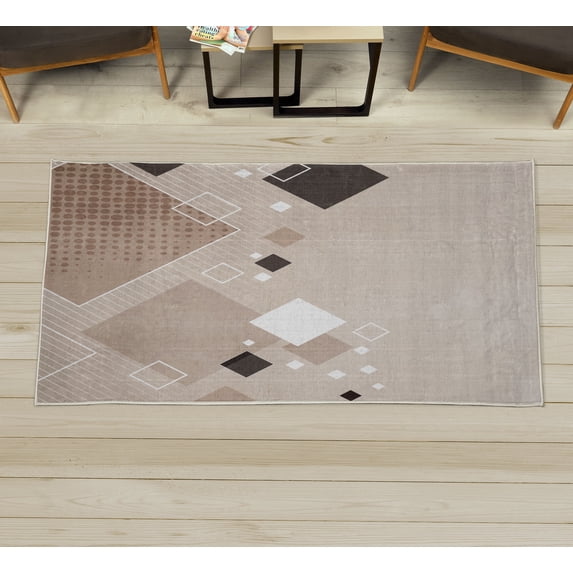 Abstract Decorative Rug, Geometric Composition Different Colored Squares Striped Dotted Rhombus, Quality Carpet for Bedroom Dorm and Living Room, 6 Sizes, Dark Taupe, by Ambesonne