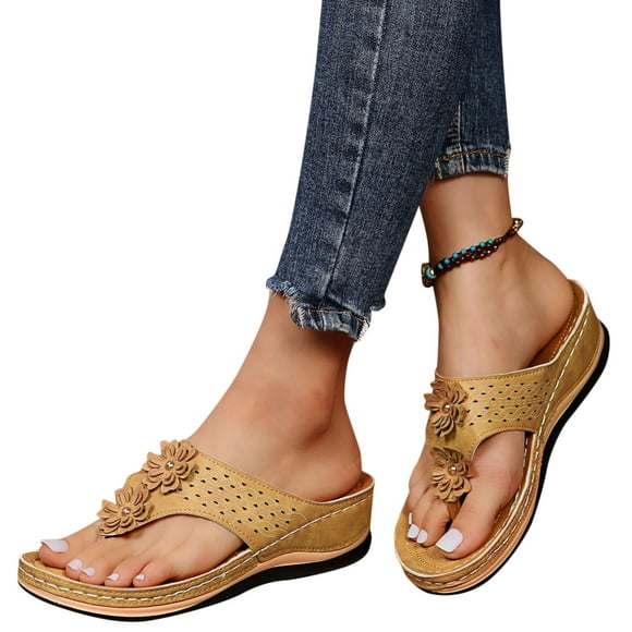 Womens Orthopedic Platform Flip Flops Comfortable Flower Wedge Dress Slides Sandals Beach Casual Thongs
