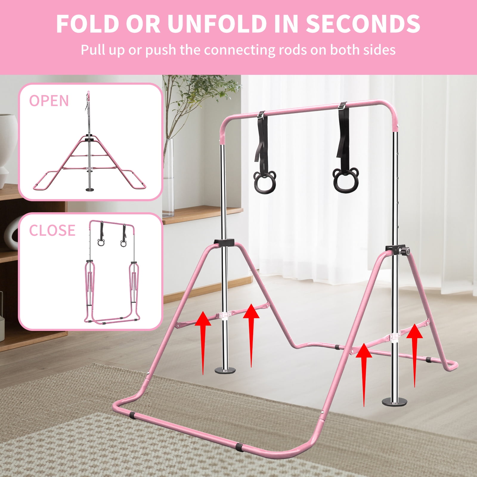 EUROCO Folding Gymnastics Bars for Kids, Height Adjustable Junior Training Bar, Horizontal Training Bars with Bear Rings