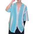 thumbnail image 2 of Xioeram Summer Men Shirt Knitted Color Matching Lapel Elastic Japanese Style Single-breasted Short Sleeves Retro Antu-shrink Casual Vacation Beach Top Knitwear, 2 of 7