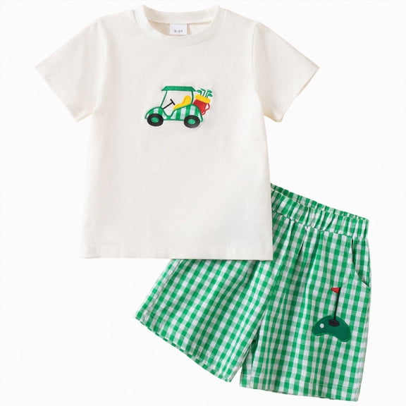 Toddler Baby Boy Clothes Summer Outfits Farmer Truck Print Shirt & Gingham Shorts 2-Piece Set, Casual Summer Kids Clothes 18-24 Months
