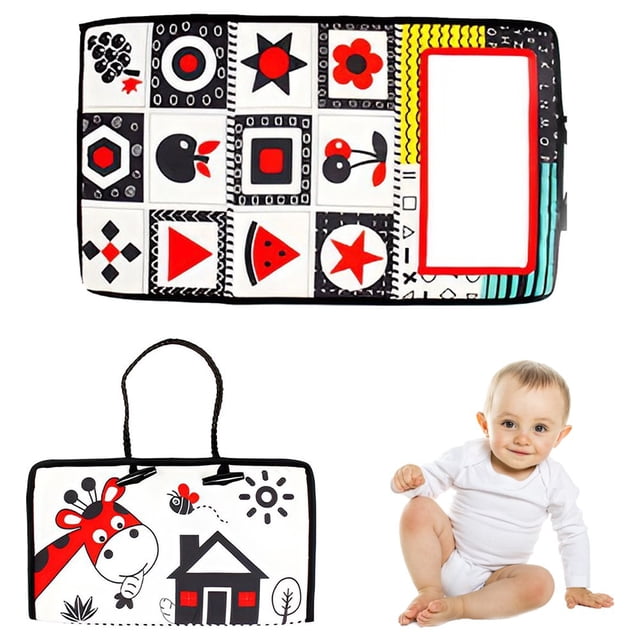 Baby Tummy Time Floor Mirror with Soft Cloth Books and Teethers Montessori Infant Sensory Development Cloth Book High Contrast Black and White Baby Toys for 0 to 3 Years old Toddlers