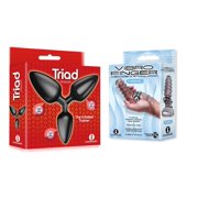 Sexy, Kinky Gift Set Bundle of Triad 3 Way Butt Plug, Smooth and Icon Brands The 9's, VibroFinger, Finger Massager, Grey