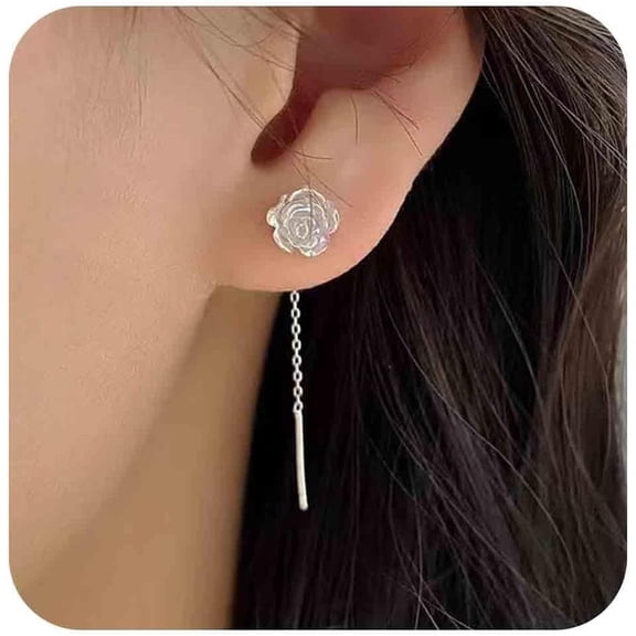 Vintage Flower Threader Chain Earrings Silver Chain Tassel Drop Earrings Transparent Crystal Flower Studs Earrings Dangle Chain Earrings Long Pull Through Earrings Jewelry for Women