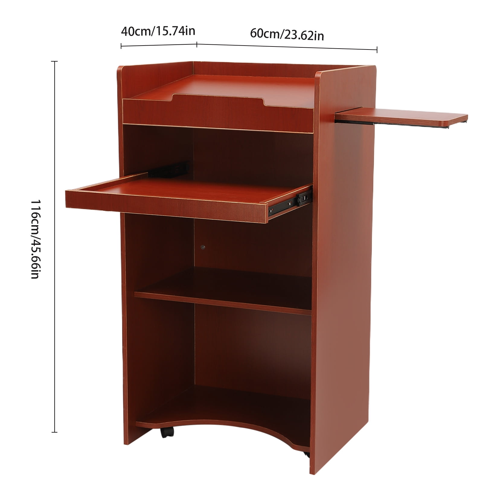 Mobile Lectern Podium Stand, Indoor Outdoor Hostess Stand Desk with Storage Shelves and Keyboard Tray for Churches Classrooms Adult Cherry