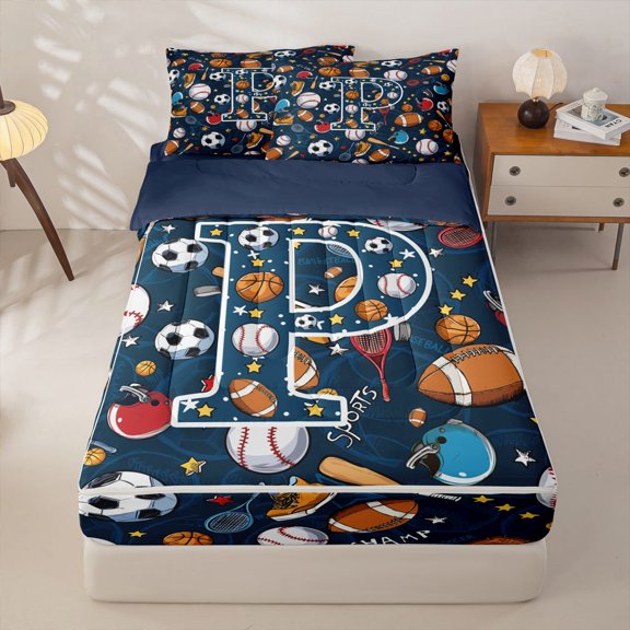 Homewish Soccer Football Sport Zipper Twin Comforter Sets with Fitted Sheet and 2 Pillowcases,Letter P Monogrammed Zipper Bedding Set For Boys Kids,Navy Blue Reversible,4 Pieces
