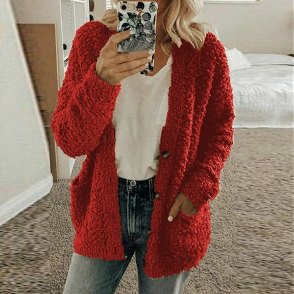 Fleece Cardigan Sweaters for Women Soft Long Sleeve Jacket with Pockets Button Down Open Front Fall Clothes