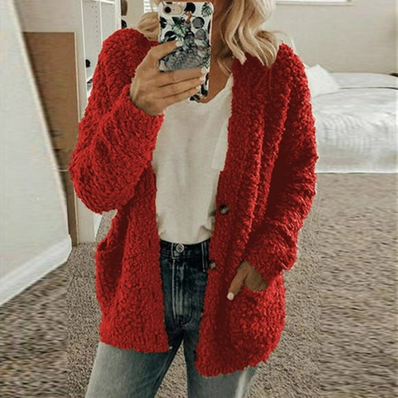 yievot Cardigan Sweaters pour Femme Casual Plus Size Unie Couleur Peluche Pull Poches Vêtements d'Extérieur Boutons Cardigan Manteau