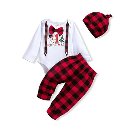 

Glonme Elastic Waist Romper Set Baby Buttons Holiday Spring Autumn Outfits Casual Crew Neck Jumpsuit Top+Pants+Hat Style A 100 (9-12M)