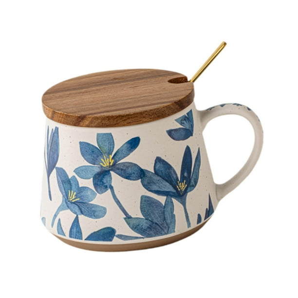 Taza de cerámica con estampado floral para café y té, de fina artesanía vintage. con cuchara con tapa